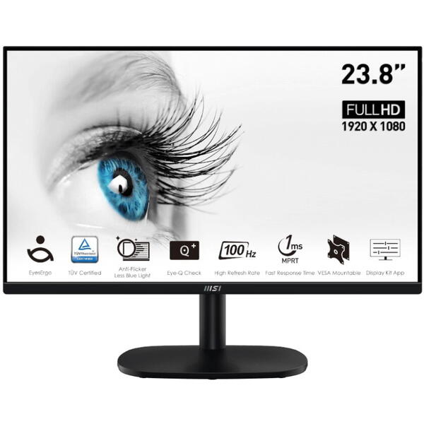 Monitor LED, MSI PRO MP245V VA, 23.8" Full HD, 100 Hz, D-Sub & HDMI, 1 ms, Eye Care, Negru