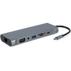 Docking station Gembird 8-in-1, USB-C, USB-A 3.1 x 4, HDMI x 1, DP x 1, VGA x 1, RJ45 x 1, PD 60 W, SD, microSD, Audio, Argintiu, A-CM-COMBO8-01