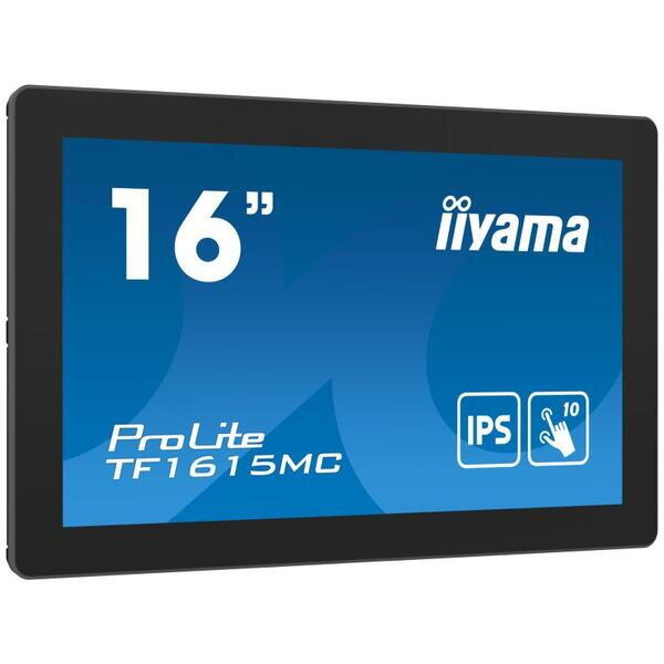 Monitor cu ecran tactil, Iiyama ProLite TF1615MC-B1, FHD, IPS /VGA HDMI DP/IP65, 16", Negru