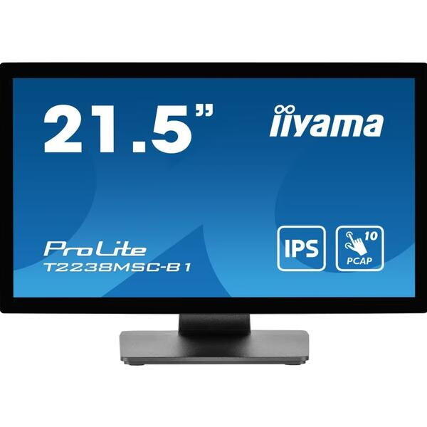 Monitor IPS LED IIYAMA 21.5" T2238MSC-B1, Full HD (1920 x 1080), HDMI, DisplayPort, Boxe, Touchscreen, Negru