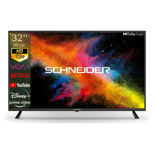 Televizor Smart SCHNEIDER HD Ready 32SC490K, 80 cm, Wi-Fi, Netflix, YouTube, Prime Video, Disney Plus, Audio Dolby, Negru