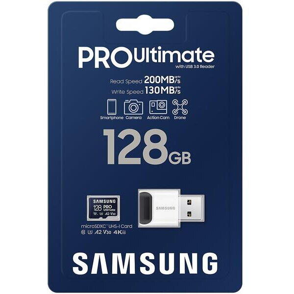 Card de memorie Samsung PRO Ultimate microSDXC UHS-I, 128GB, Cititor, Blue
