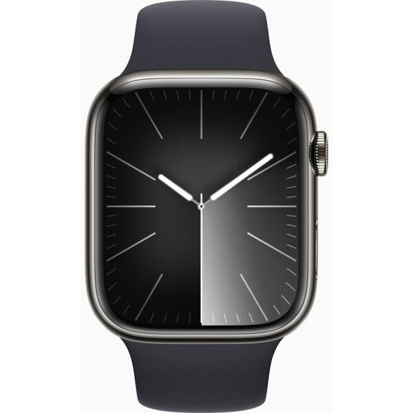 SmartWatch Apple Watch S9, Cellular, 45mm Carcasa Stainless Steel Graphite, Midnight Sport Band - M/L
