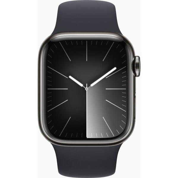 Apple Watch 9, GPS, Cellular, Carcasa Graphite Stainless Steel 41mm, Midnight Sport Band - S/M