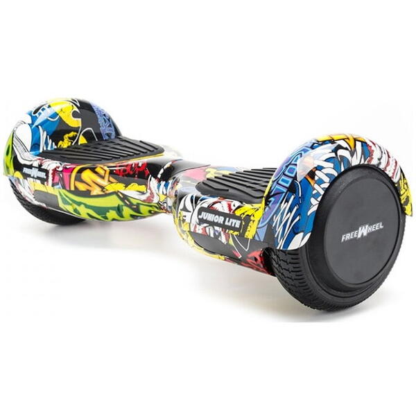 E-boda Scooter electric Freewheel Junior Lite graffiti galben , roti 6.5 inch, autonomie 12 km, viteza 12 km/h ,motor 2 x 200W