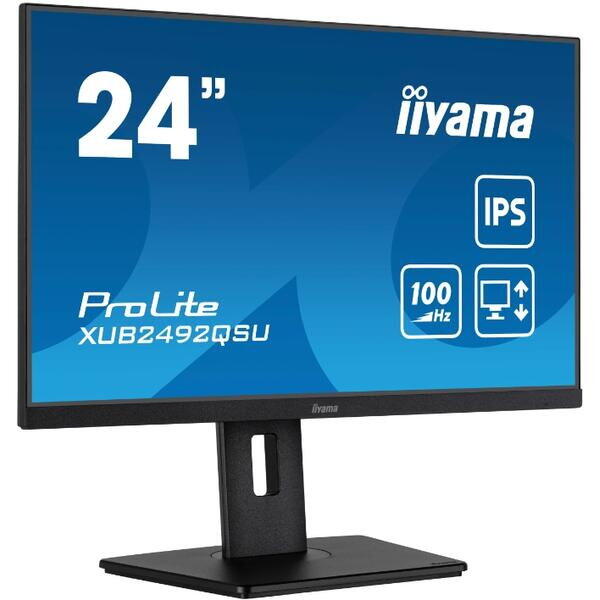Monitor IPS LED Iiyama 23.8" XUB2492QSU-B1, WQHD (2560 x 1440), HDMi, DisplayPort, Boxe, Pivot, 100 Hz, 0.5 ms, Negru