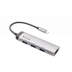 Hub USB Verbatim 49147, 4x USB, 1x USB-C, Argintiu