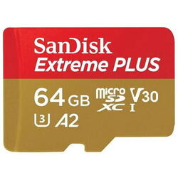Card de memorie SanDisk Extreme Plus SDSQXBU-064G-GN6MA, MicroSDXC, 64GB, UHS-I U3, Clasa 10, V30 + Adaptor SD
