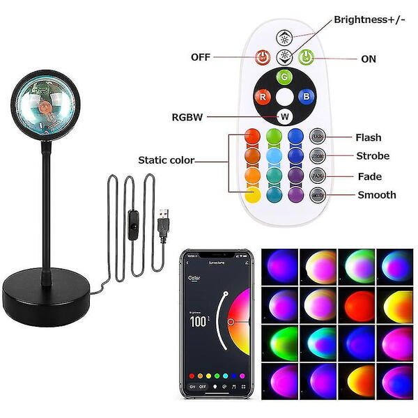 OEM Lampa ambientala RGB, efecte de lumini, control prin aplicatie telefon, telecomanda, proiecteaza Apus de Soare, cap rotativ 360°, Negru