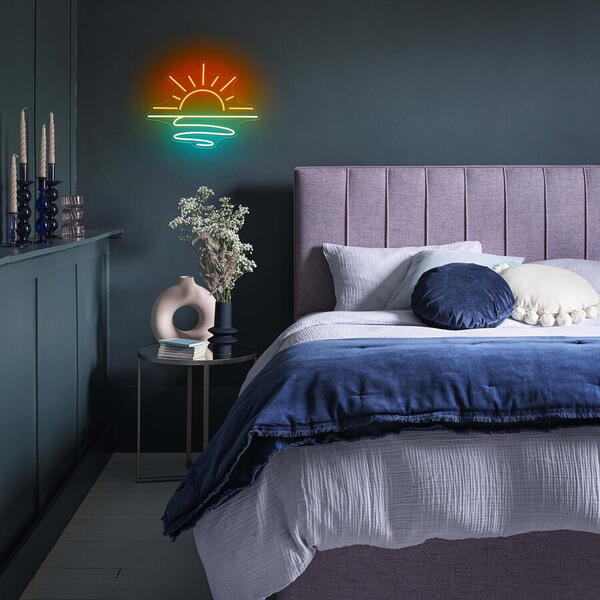 OEM Decor luminos, neon, Rasarit - Apus de Soare cu valuri, 37 x 28 cm, Rosu-Albastru