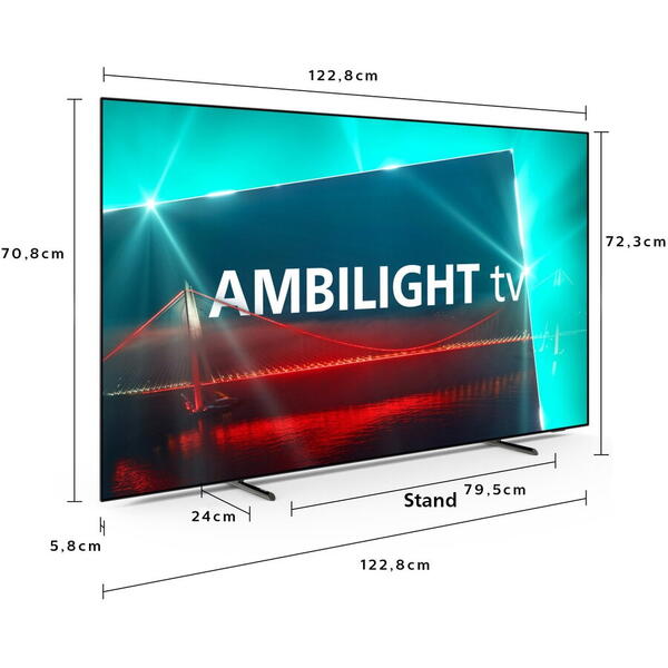 Televizor Philips AMBILIGHT tv OLED 55OLED718, 139 cm, Google TV, 4K Ultra HD, 100 Hz, Clasa G, Argintiu